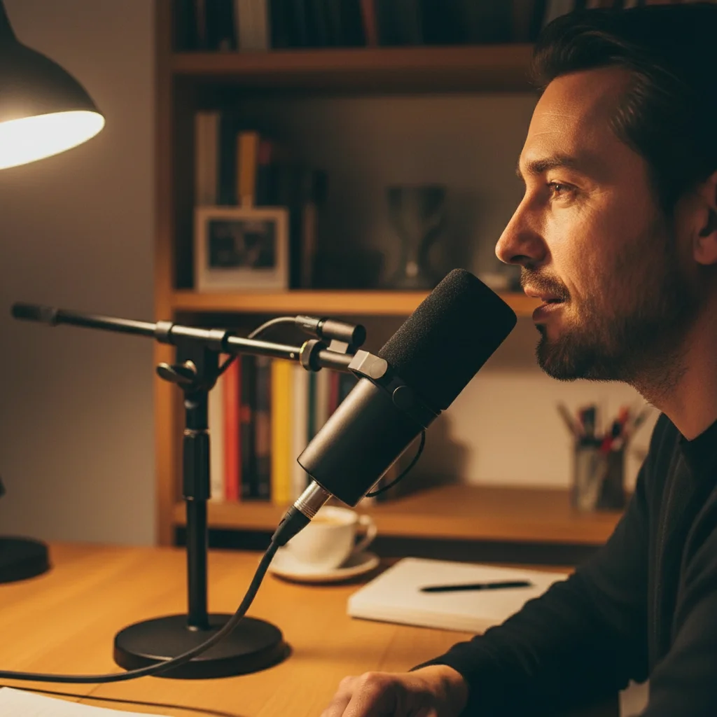Trainer speaking into a desk microphone in a home office, recording a voice sample for AI voice cloning