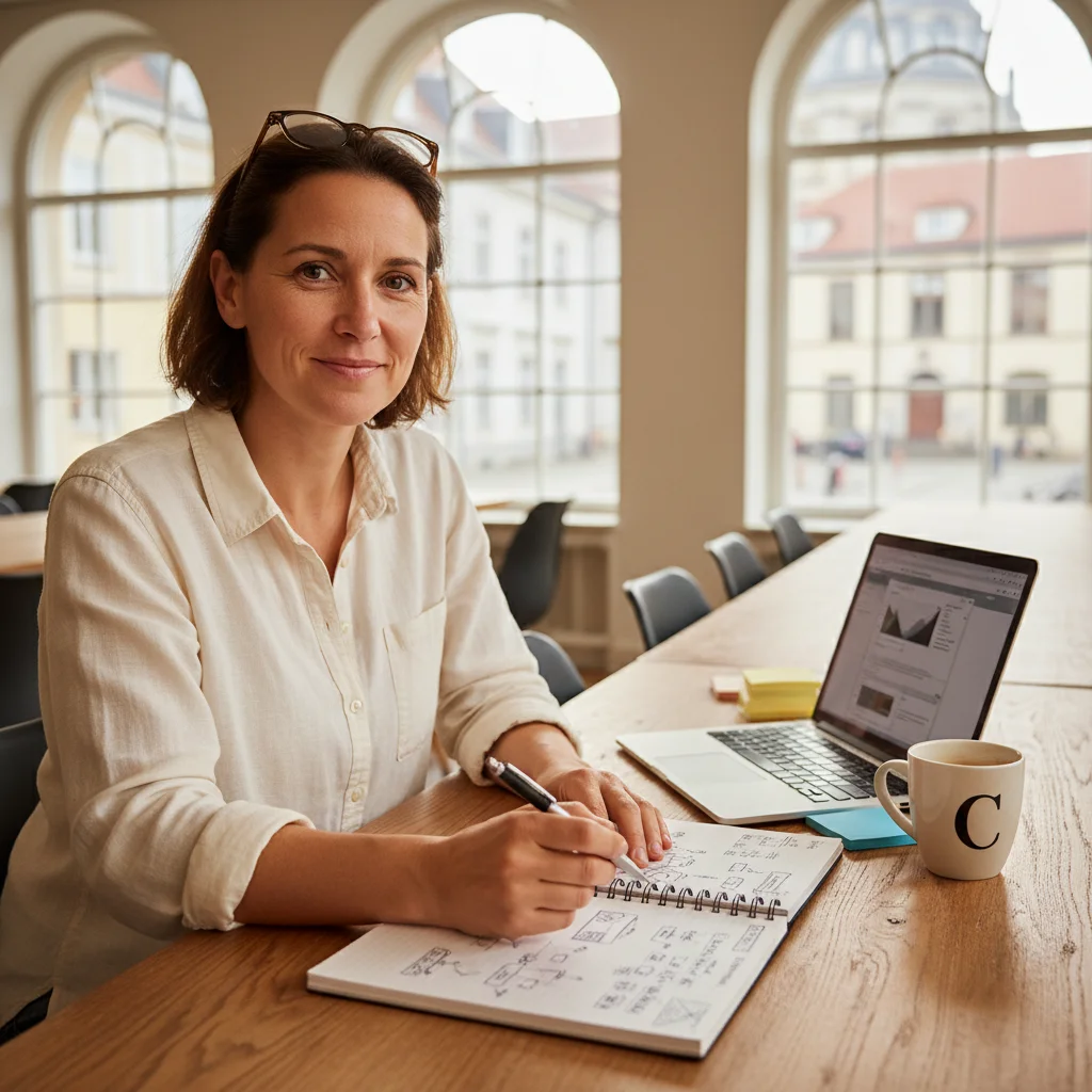 Trainer sketching practice scenarios in a notebook at a bright co-working space, designing learning experiences for students