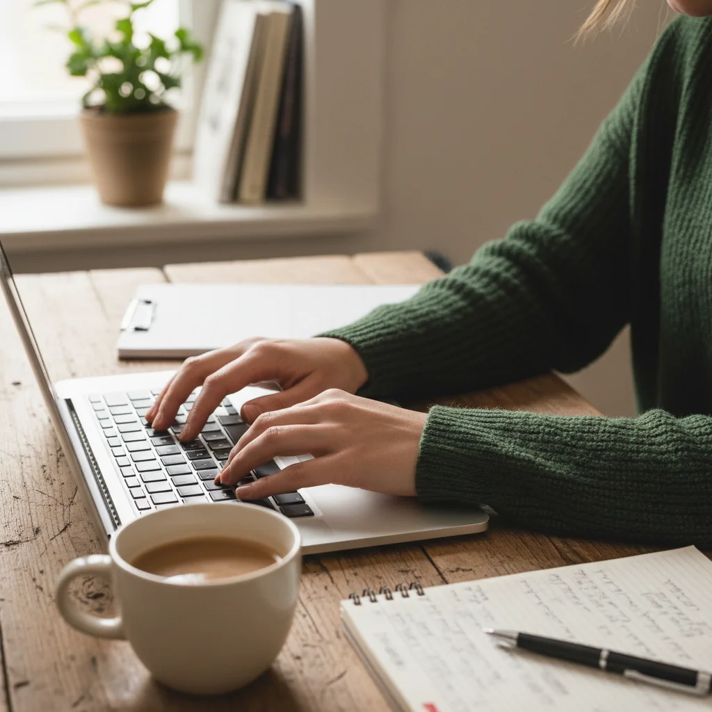 Trainer typing on a laptop at a wooden desk with coffee and handwritten notes, configuring an AI coaching agent