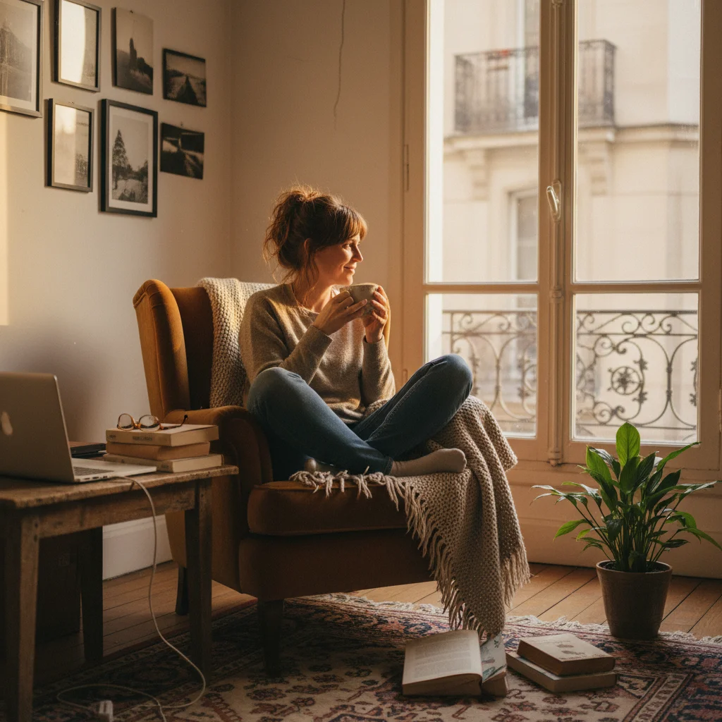 Trainer relaxing in an armchair with coffee, laptop nearby, while her AI voice twin coaches students in the background