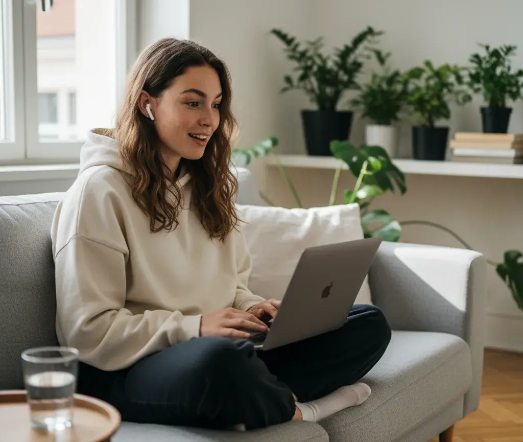Young woman on a couch with earbuds and a laptop, smiling during her first AI voice coaching practice session
