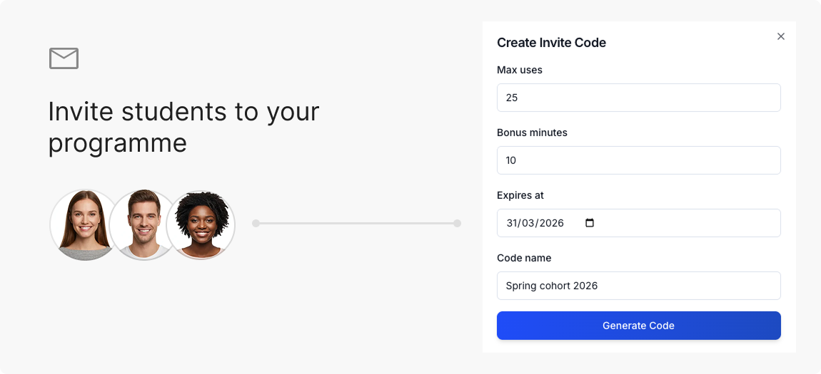 Invite code creation form with student avatars, showing how trainers share access to their coaching programme