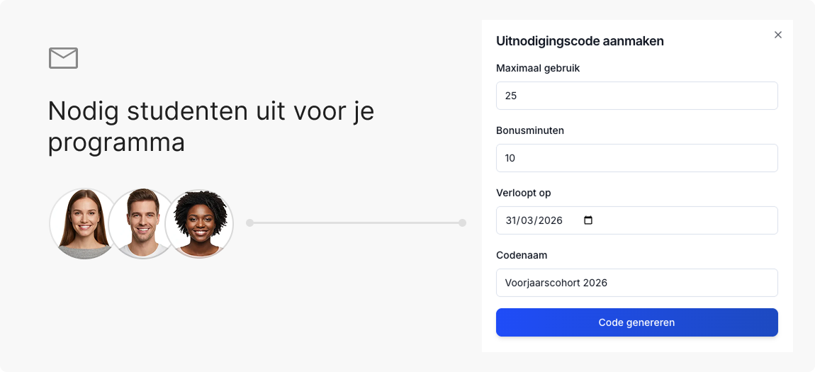 Formulier voor het aanmaken van toegangscodes met studentavatars, laat zien hoe trainers toegang delen tot hun coachingprogramma