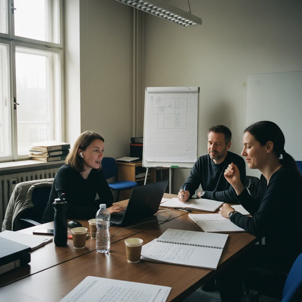 Training team practising coaching scenarios in a workshop, with flipchart diagrams, notebooks, and laptops on the table