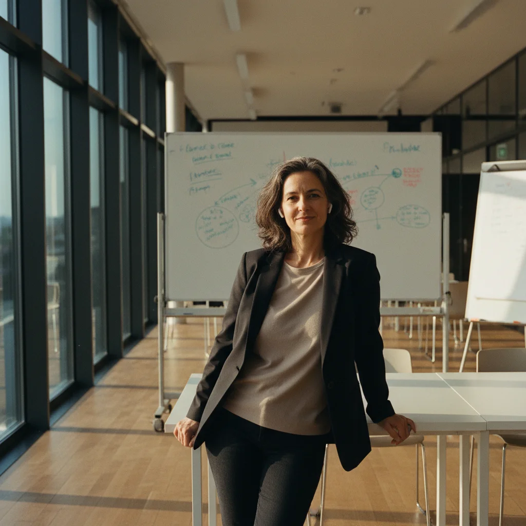 Experienced trainer with earbuds in a bright training room, ready to coach students through her AI voice twin