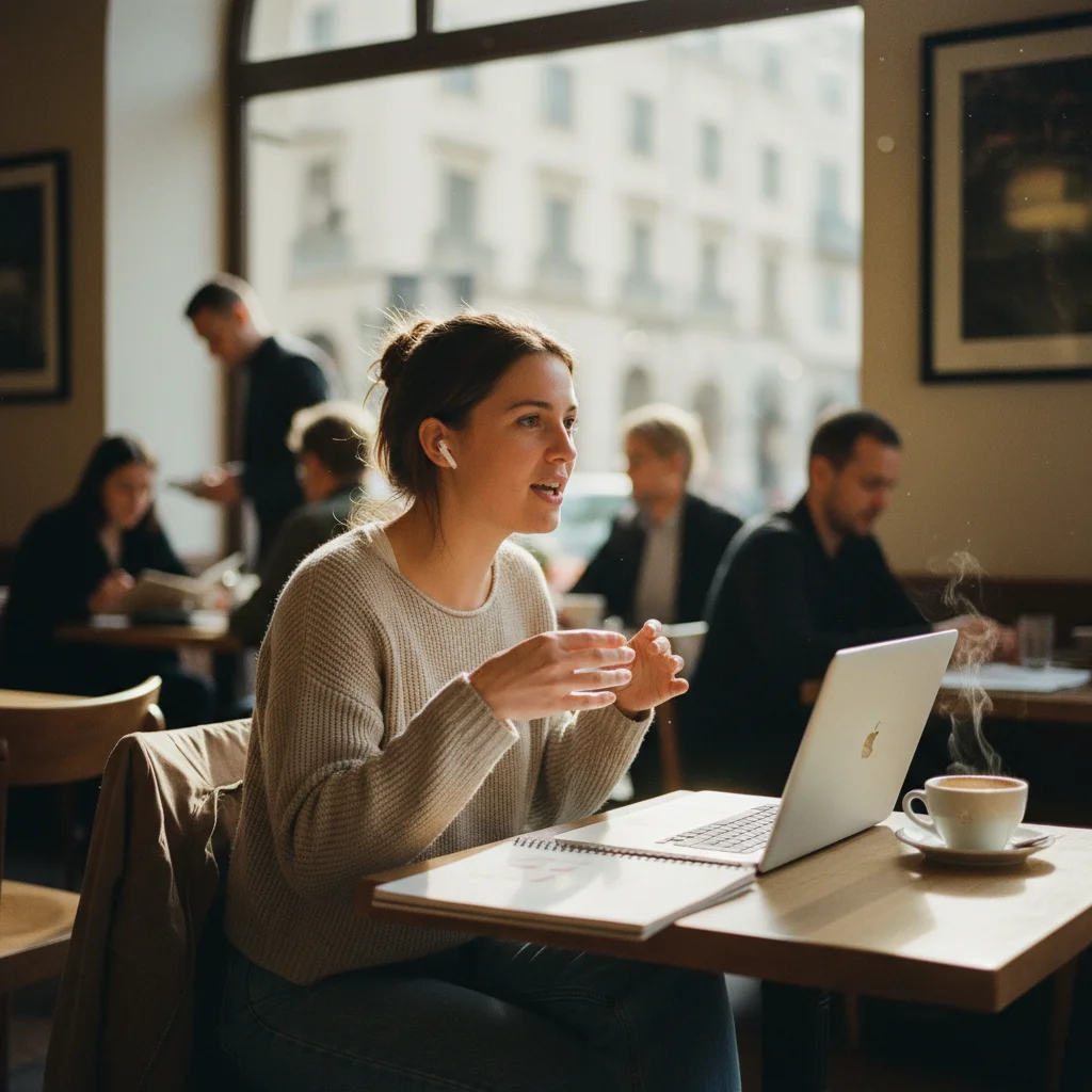 Student practising a coaching conversation with earbuds at a cafe, using twinvoice on her laptop