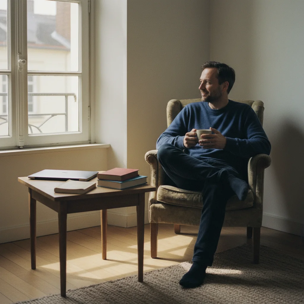 Trainer relaxing with coffee while his AI voice coach works with students