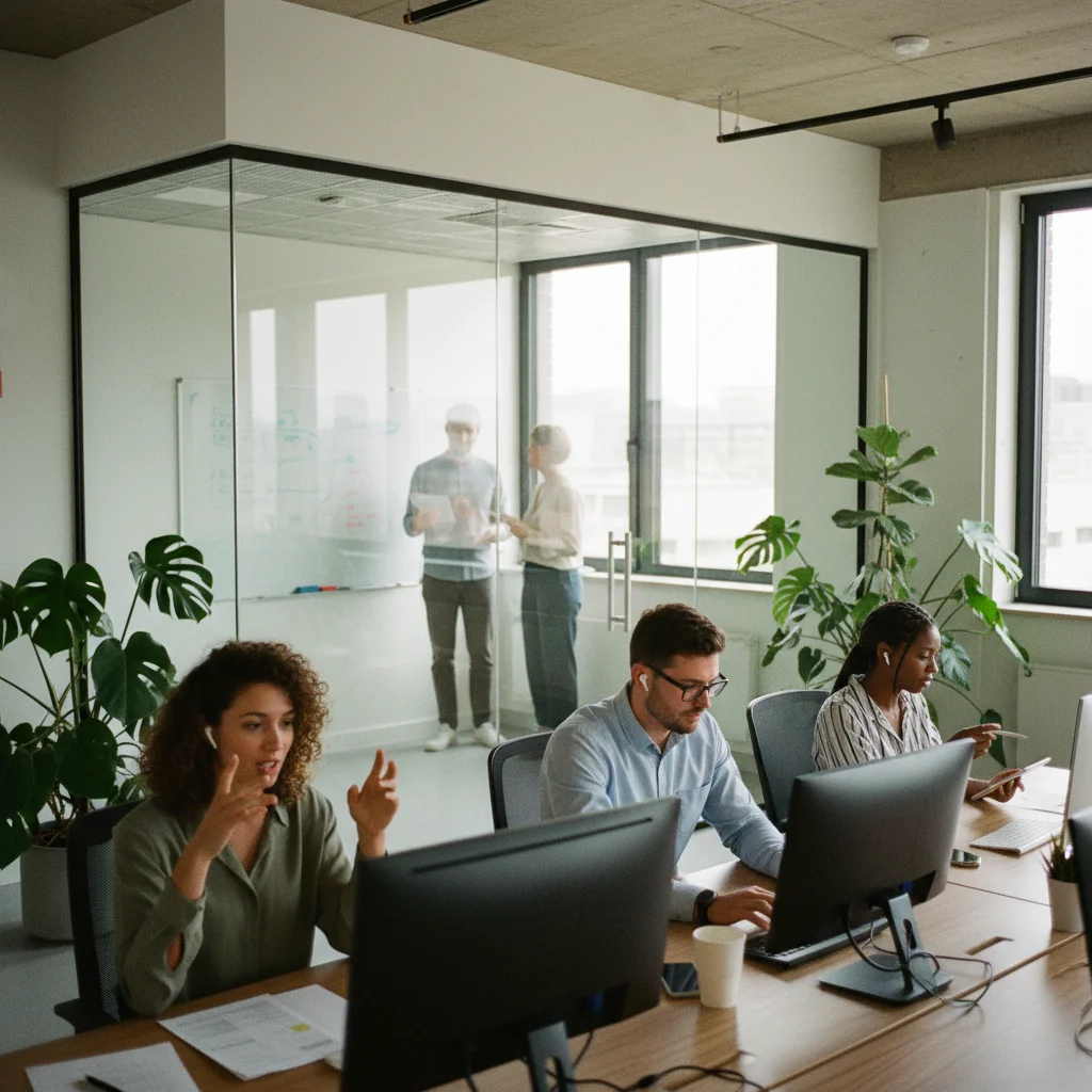 Employees practising conversations with AI voice coaches at their desks in a modern office, while colleagues collaborate at a whiteboard in the background