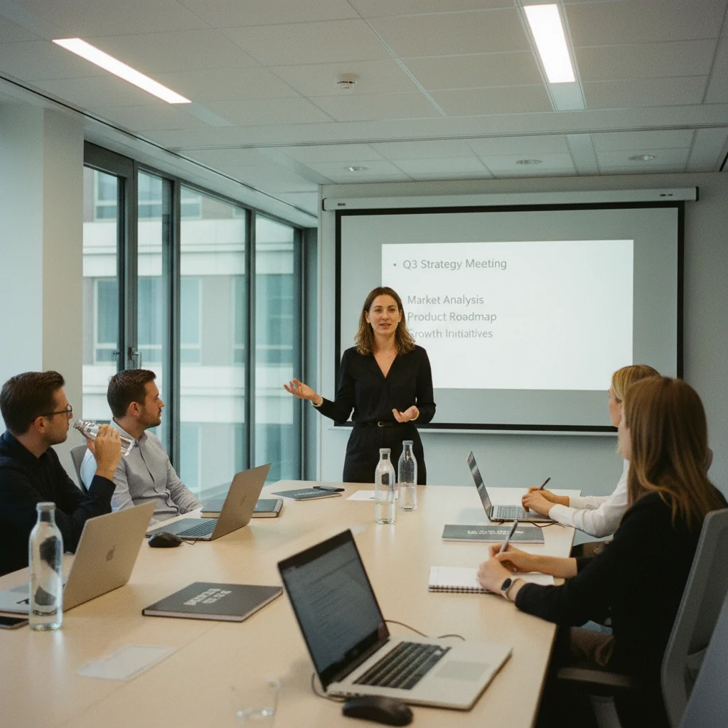 L&D professional presenting a training programme to colleagues in a corporate meeting room