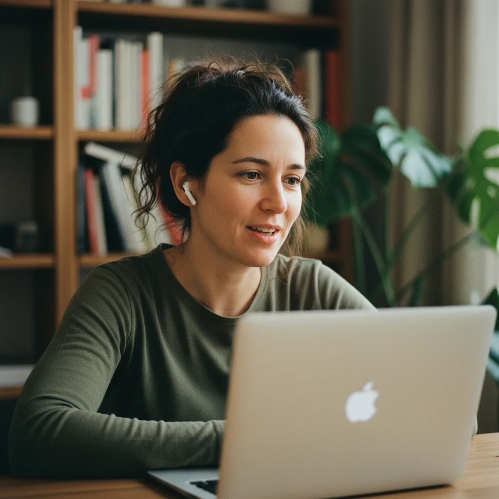 Professional speaking into wireless earbuds during an AI voice coaching session on her laptop