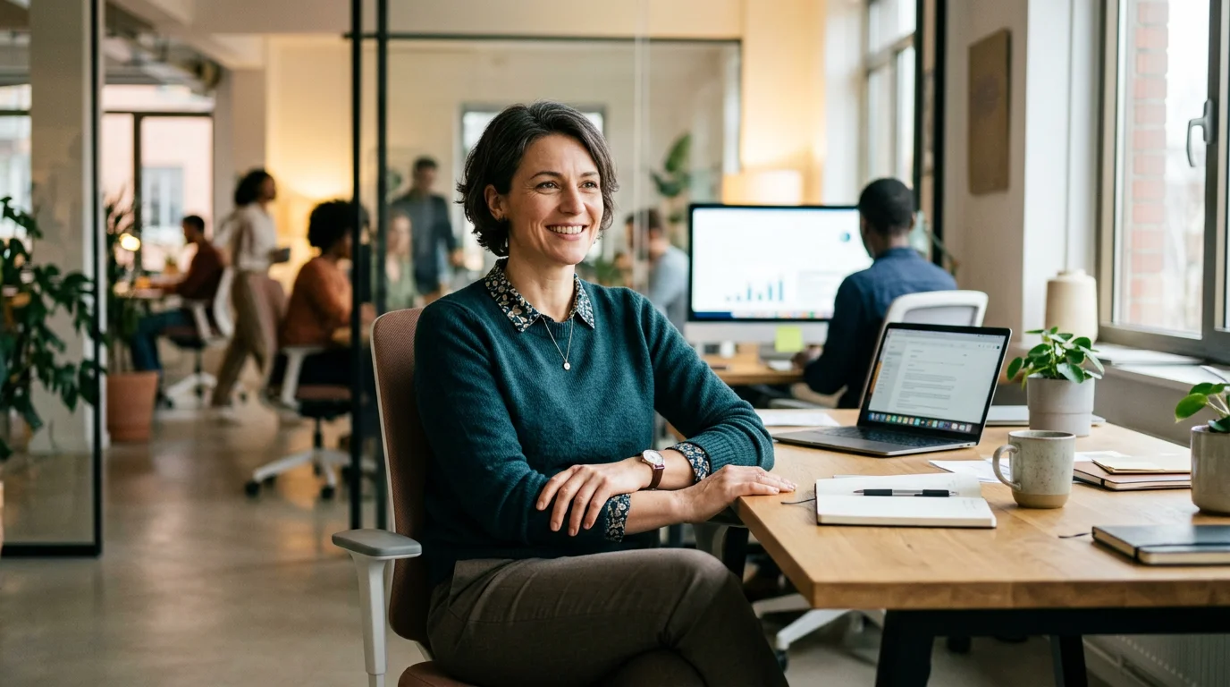 L&D manager in her 40s smiling at her desk in a modern open-plan office, with colleagues working in the background.