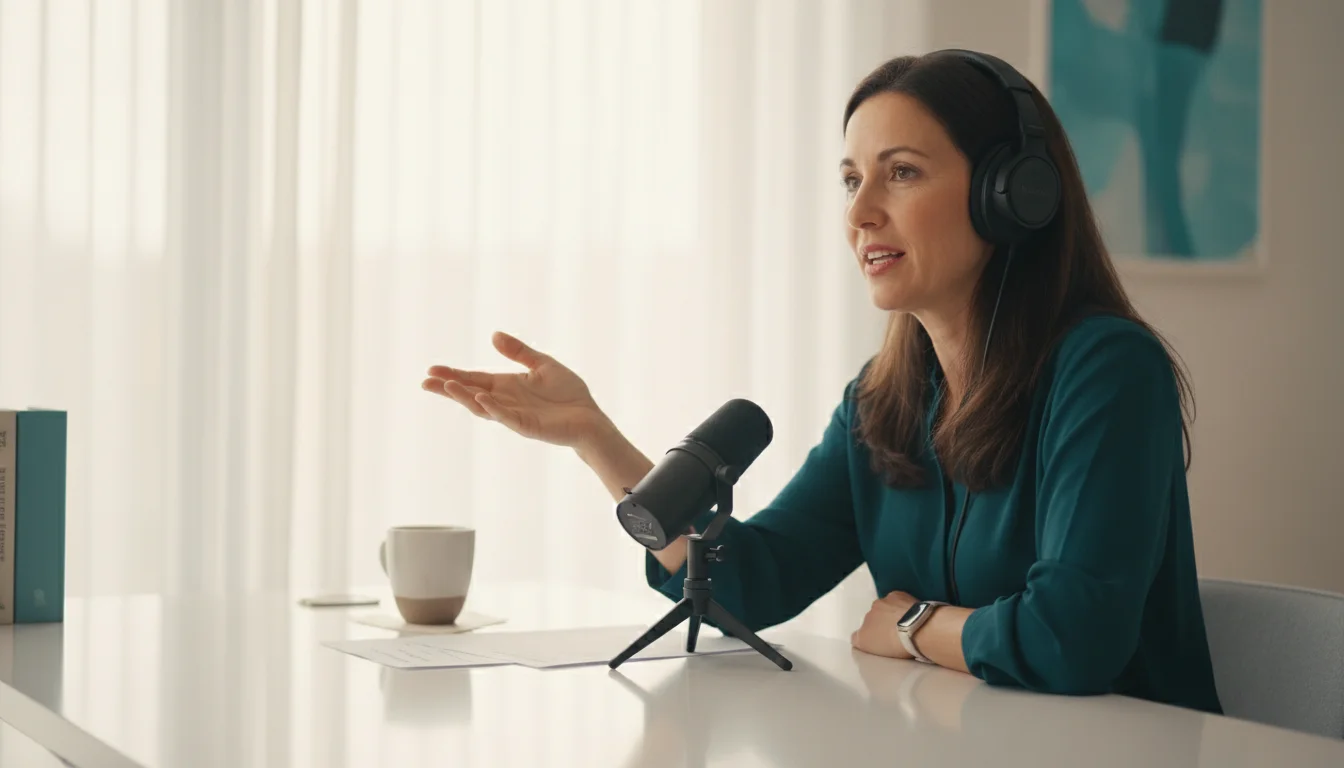 A professional trainer speaking into a microphone during a voice coaching session, with a voice waveform visualisation visible on a laptop screen in the background.