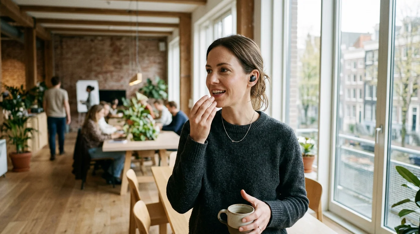 Professional wearing wireless earbuds during voice-first training session, European office setting, natural daylight