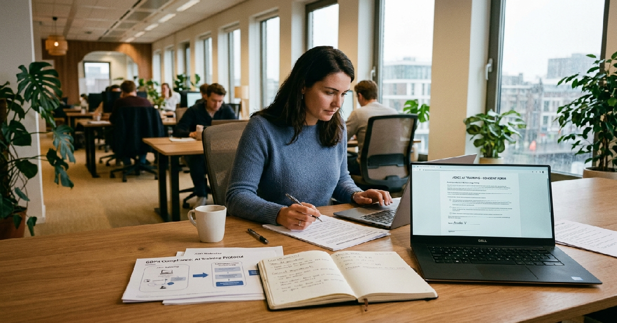 European training compliance documentation on desk with voice AI consent forms