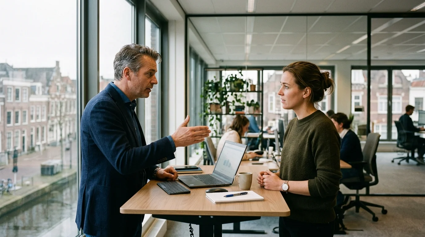 Two professionals in a modern Dutch office practicing a difficult conversation, natural daylight, authentic workplace setting