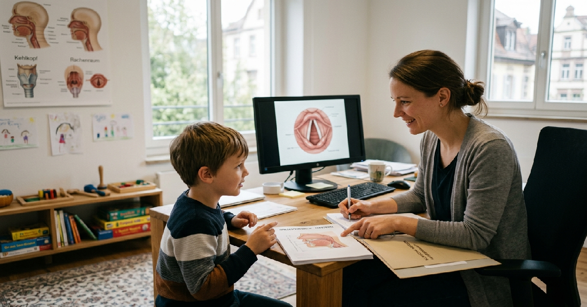 Speech therapist working with AI speech coaching applications in clinical practice