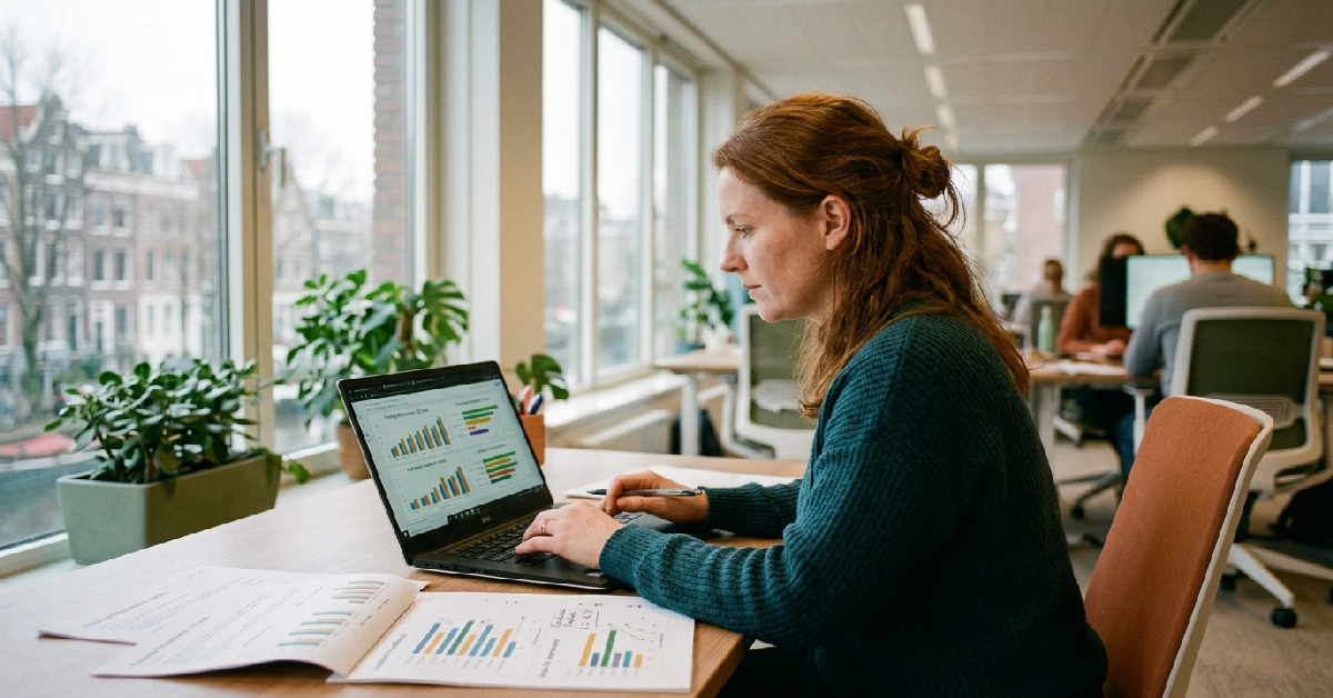 L&D manager reviewing training metrics on laptop in modern Dutch office with natural daylight