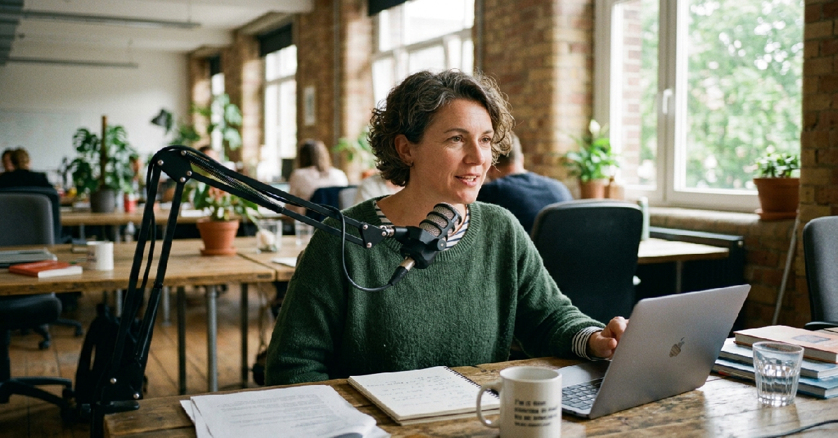 Professional trainer recording voice for AI roleplay training implementation in modern European office
