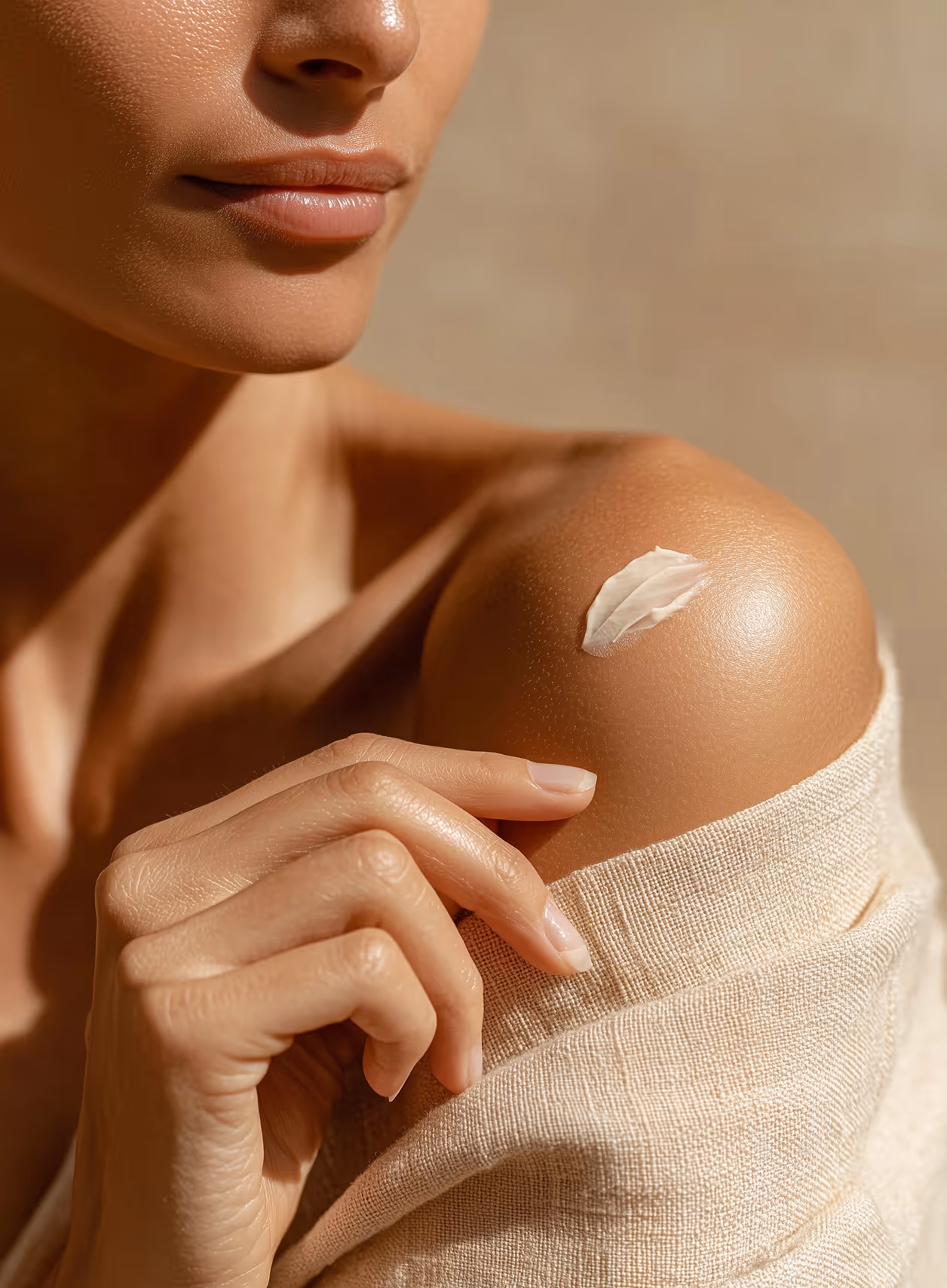 Close-up of a woman applying white cream on her bare shoulder while wearing a beige textured fabric.
