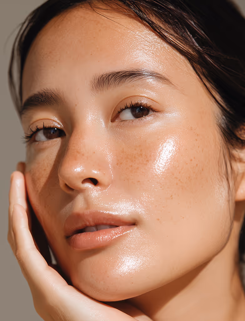 Close-up of a woman's face with glowing skin and freckles, resting her cheek on her hand.
