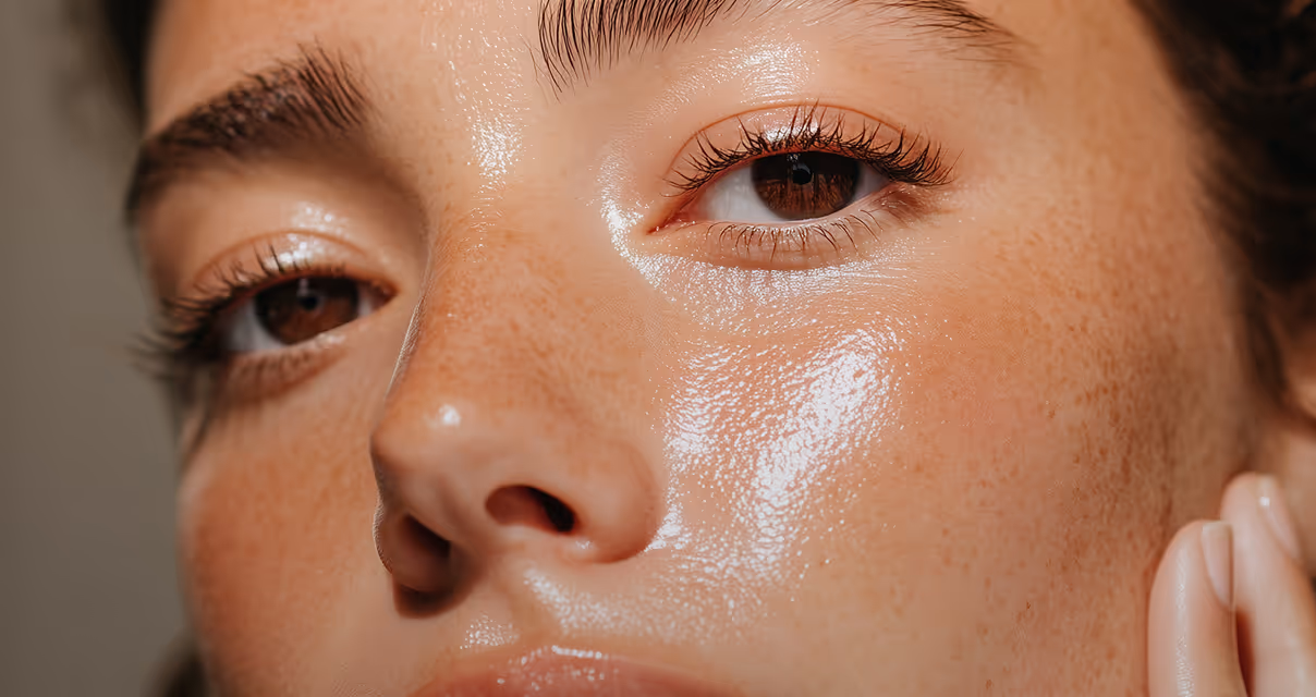 Close-up of a person's face with glistening, moisturized skin and brown eyes.