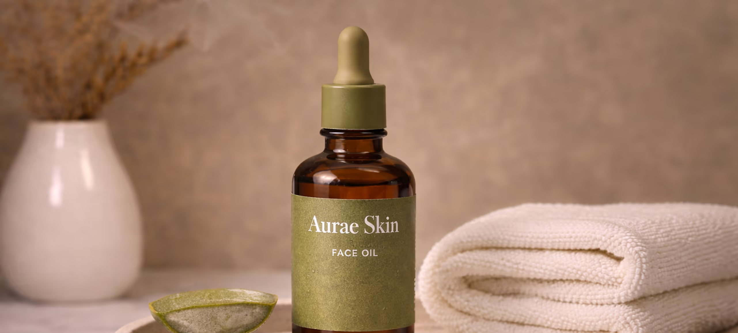 Brown dropper bottle of Aurae Skin face oil with green label, next to a sliced aloe leaf and a folded white towel on a beige surface.