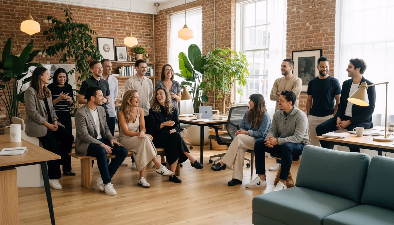 Un groupe diversifié de treize adultes qui rient et discutent dans un bureau moderne et lumineux, avec des murs en briques, de grandes fenêtres, des plantes et un sol en bois.