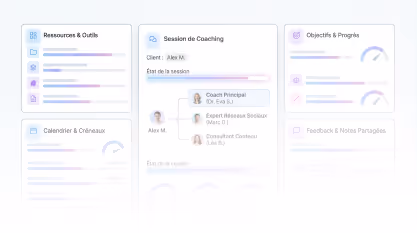 Capture d'écran d'un tableau de bord de session client affichant les ressources, le calendrier, les notes de session et le suivi des progrès