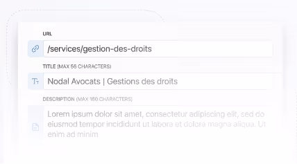 Interface d'édition des balises SEO d'une page web PME : URL, title 56 caractères, meta description optimisée