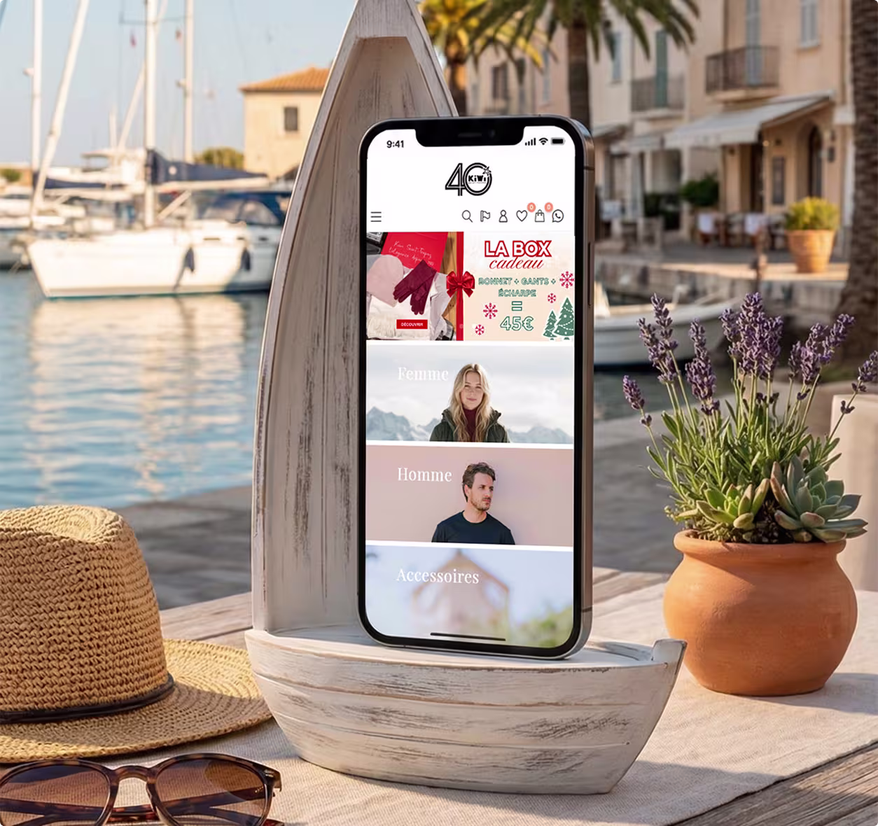 Boutique en ligne Kiwi Saint-Tropez sur mobile, application PrestaShop avec catalogue mode.