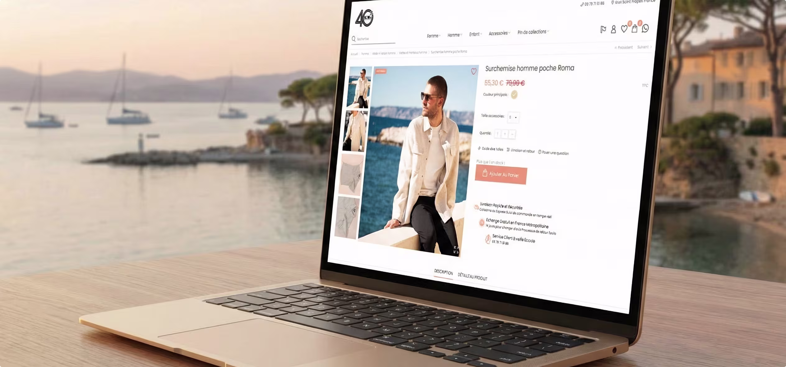 MacBook affichant le site Kiwi Saint-Tropez devant la baie de Saint-Tropez, fiche produit homme