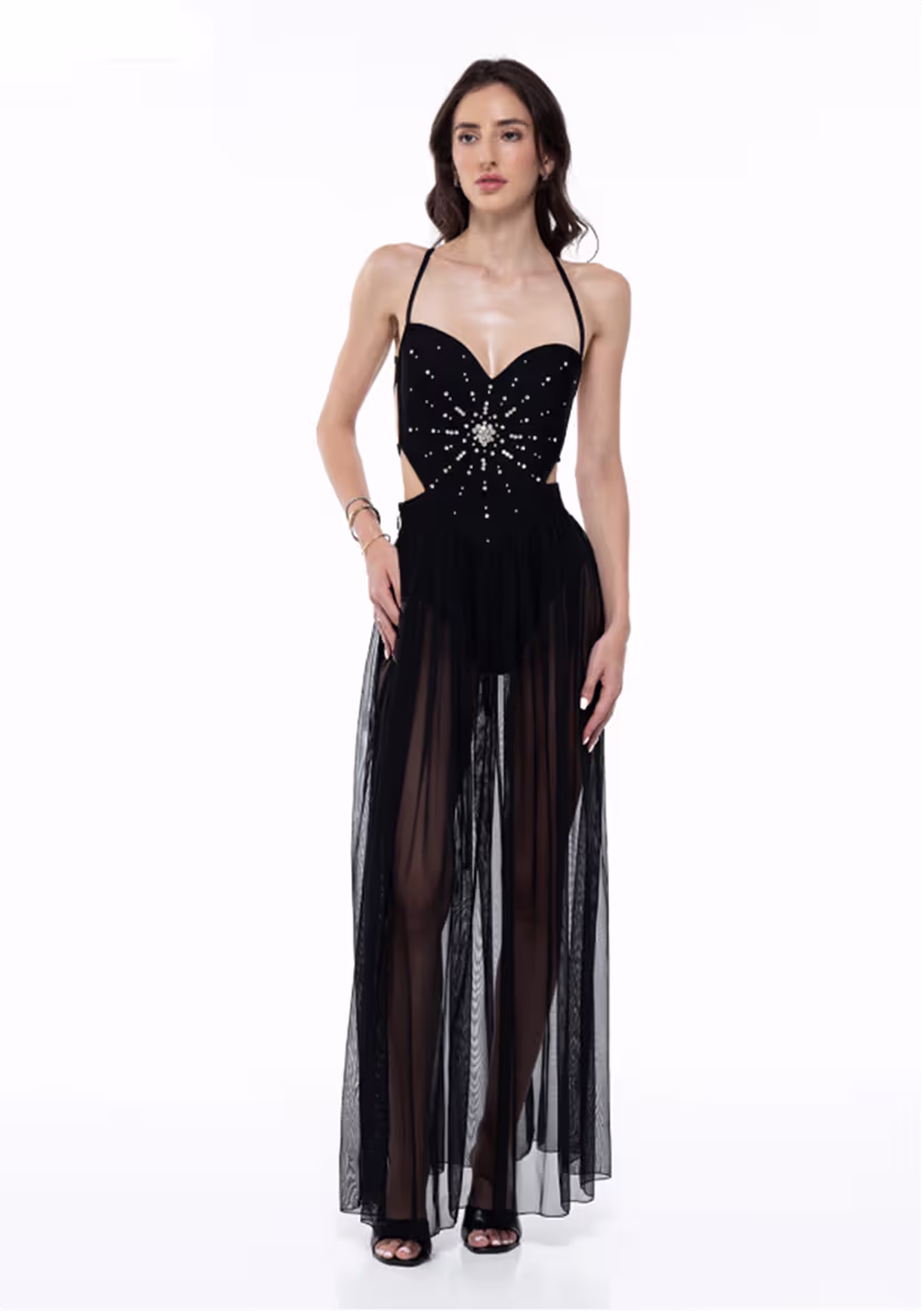 Ziya Shari, robe longue noire à corset brodé et jupe transparente, collection prêt-à-porter