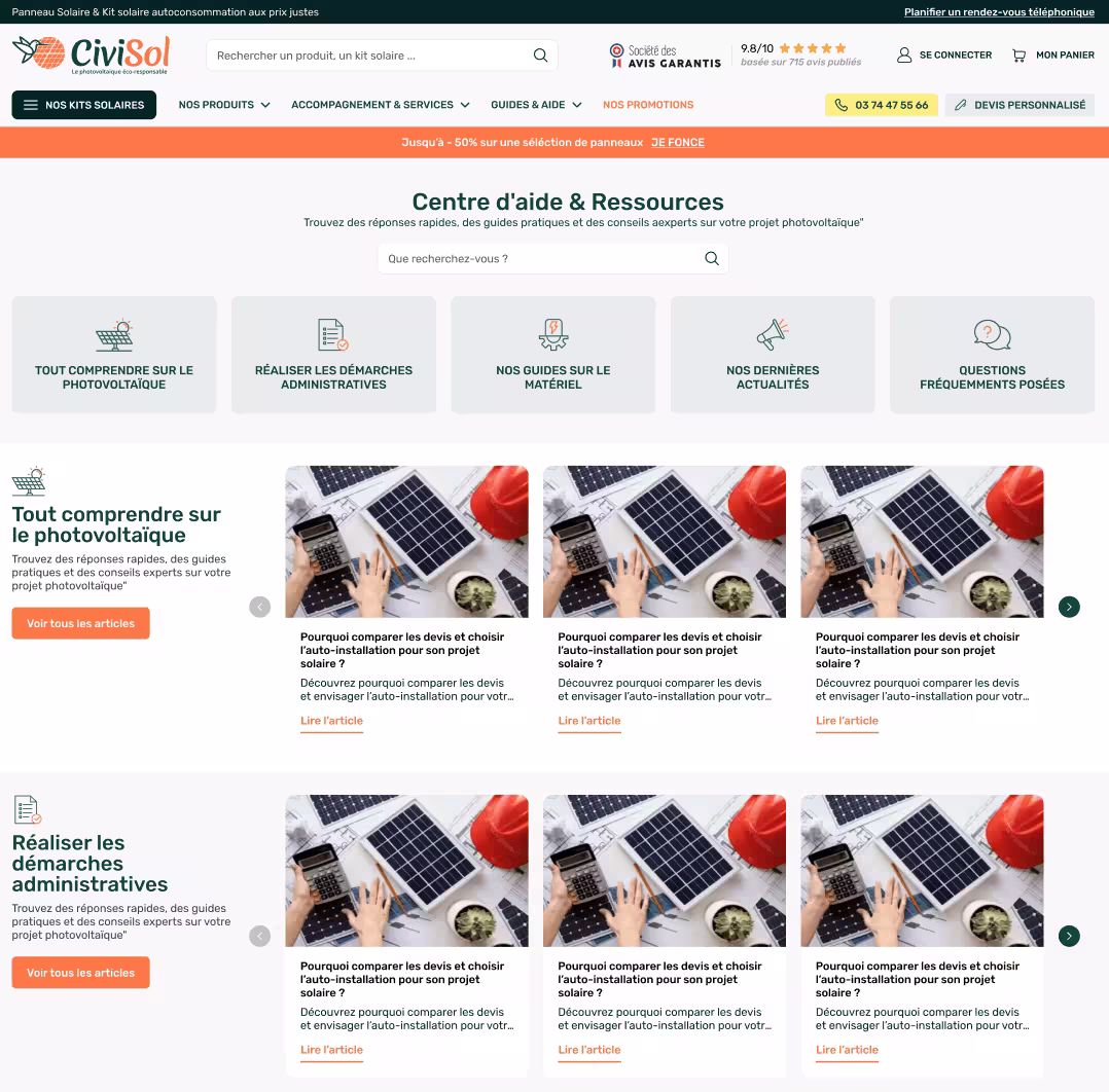 Résultat refonte Civisol, page blog e-commerce panneaux solaires PrestaShop 8