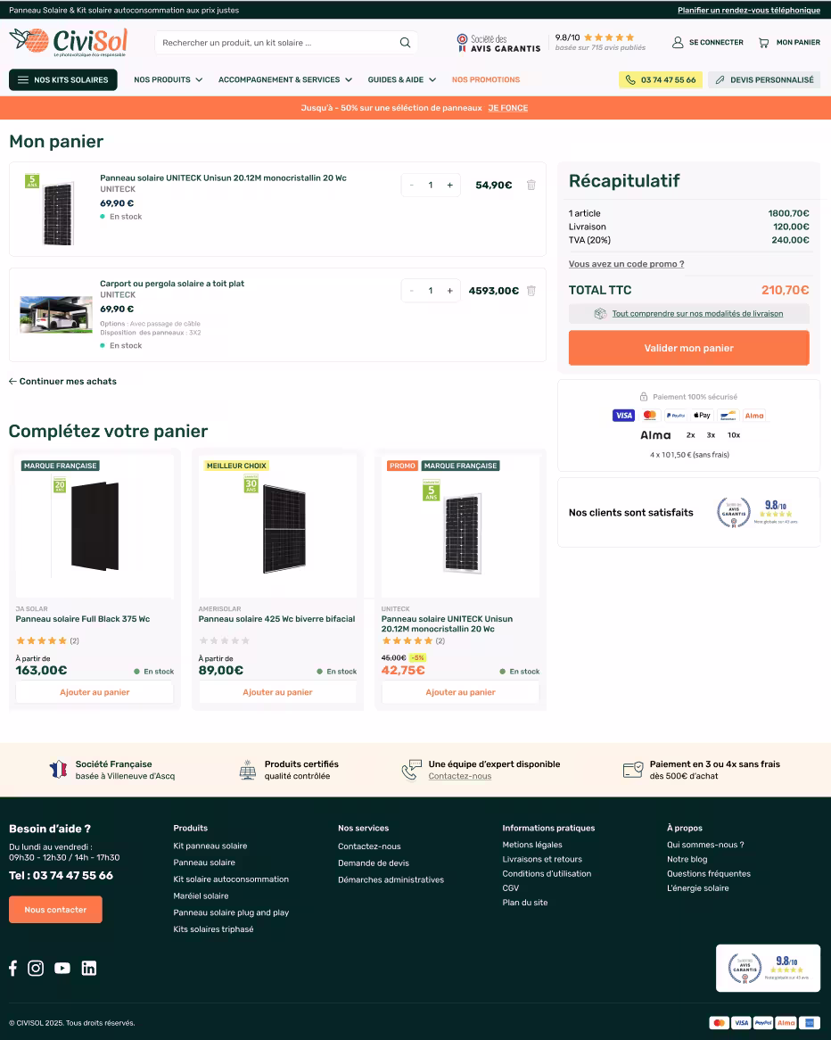 Site e-commerce Civisol sur PrestaShop 8, check-out UX/UI par upwedo.