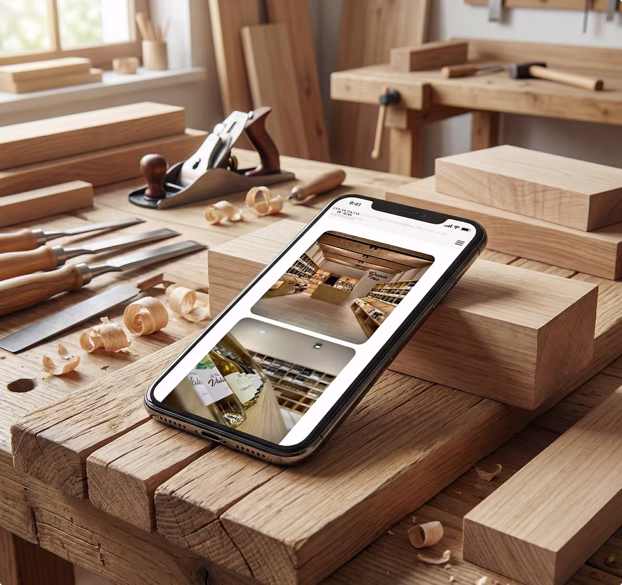Smartphone affichant le mini-site Les Artisans du Bois par upwedo. sur un plan de travail en bois