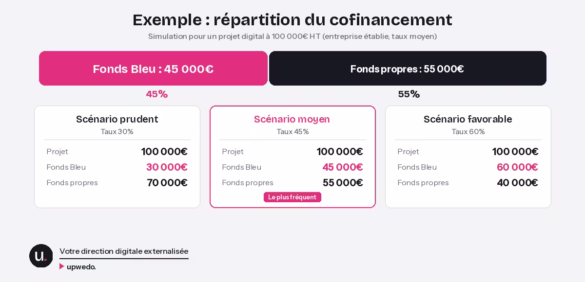 Simulation cofinancement Fonds Bleu Monaco 3 scénarios projet digital 100 000 euros upwedo.