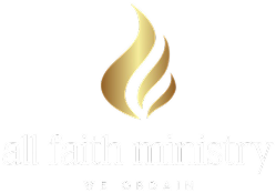 All Faith Ministry logo with a stylized gold flame above the text 'all faith ministry' and 'We Ordain' underneath.