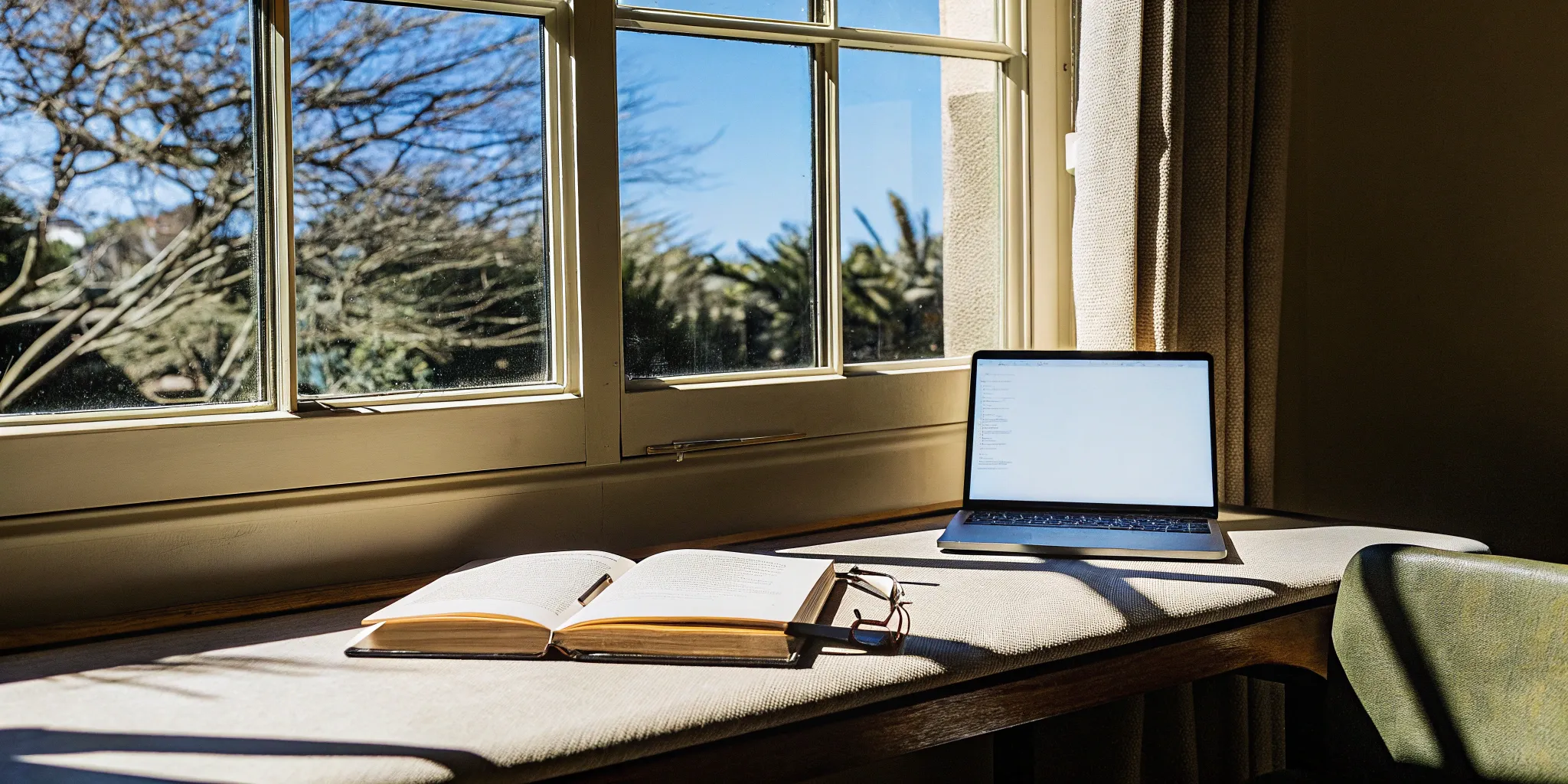 A desk with a laptop and book for studying how to become a pastor online.