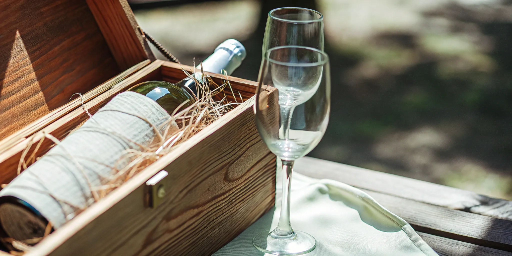 A wooden wine box with a bottle of wine and glasses for a wedding ceremony script.