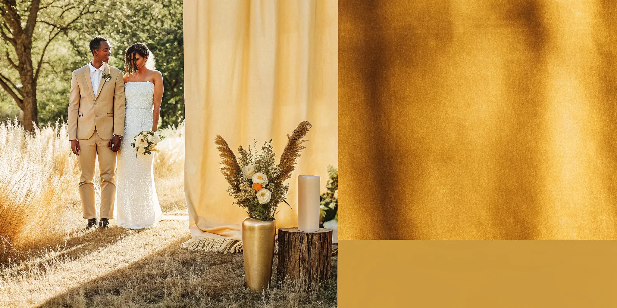 A couple exchanges vows with a custom boho wedding ceremony script outdoors.