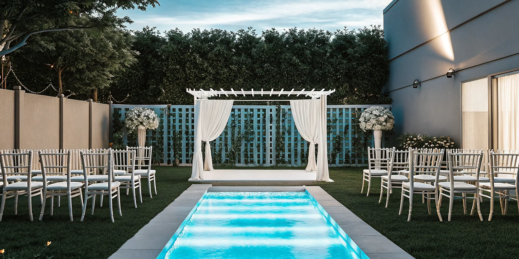 A simple backyard wedding ceremony with a floral arch and chairs ready for the vows.