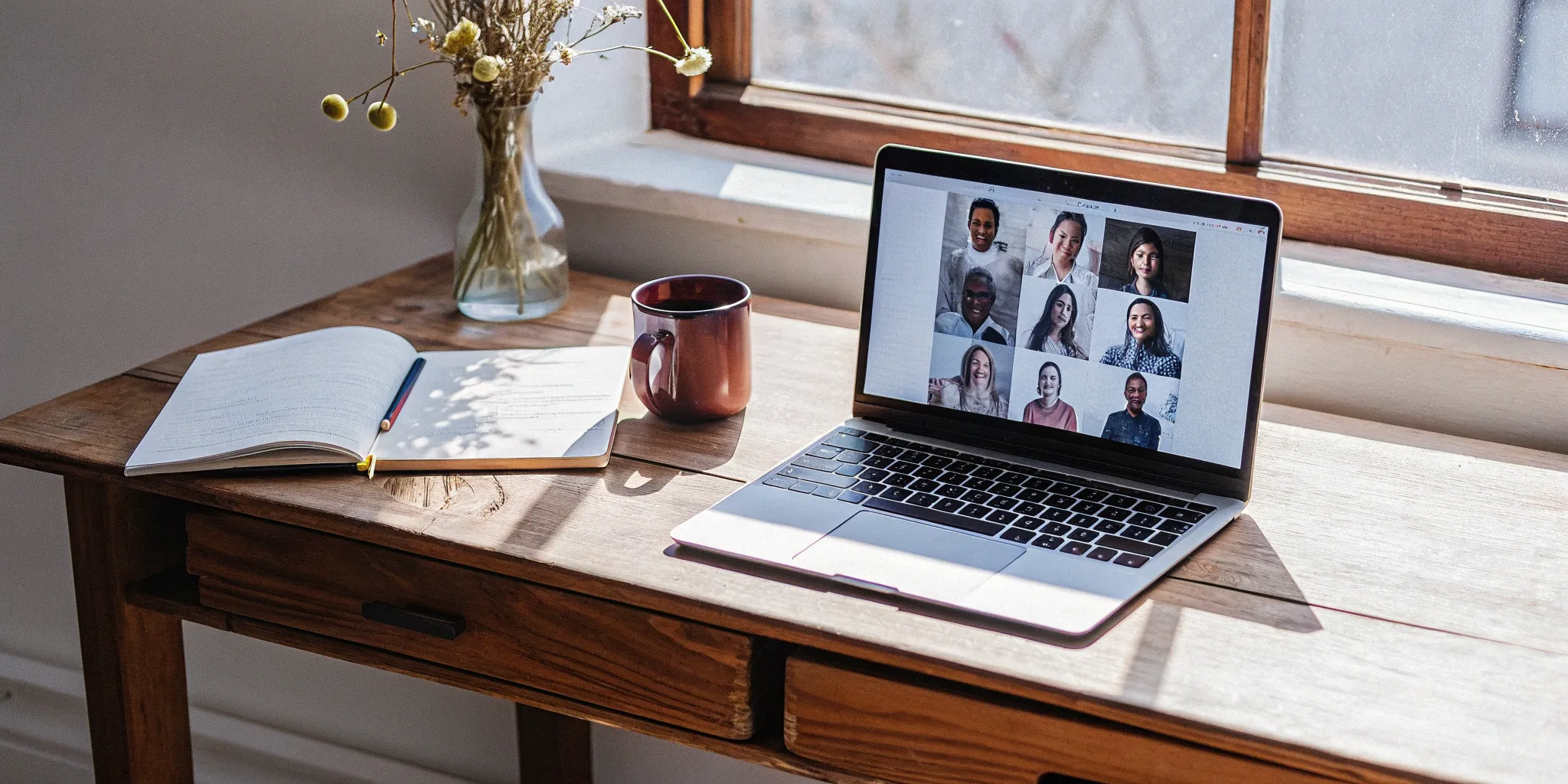 A laptop and notebook on a desk for planning how to start an online church.