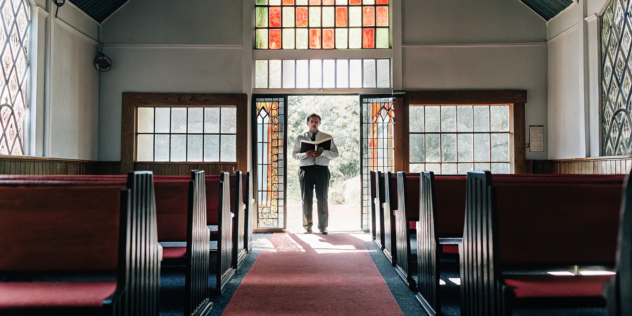 Officiant with book at church entrance.