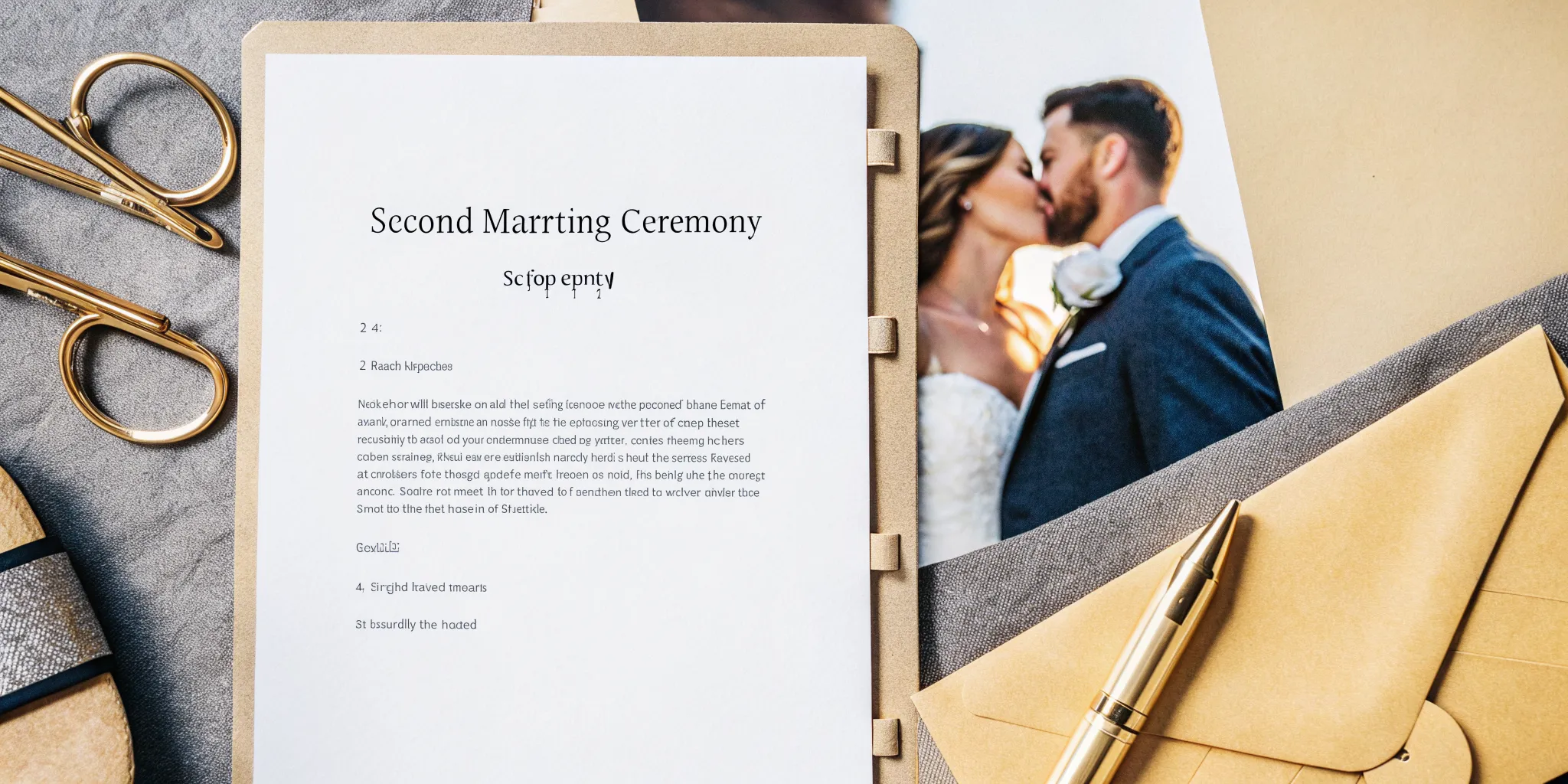 Writing a second marriage ceremony script with a pen next to a wedding photo.