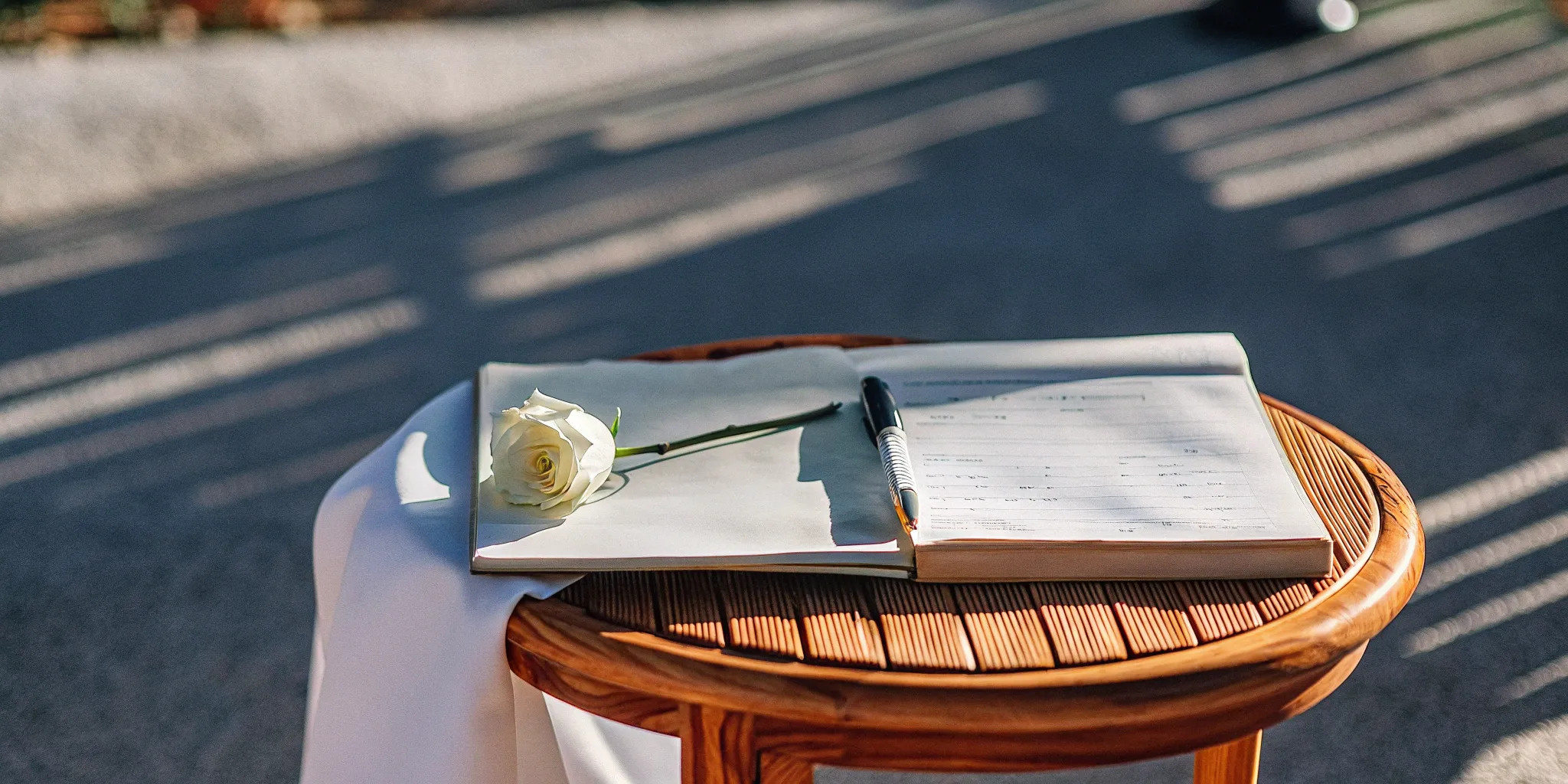 A personalized modern wedding ceremony script with a pen and a white rose.