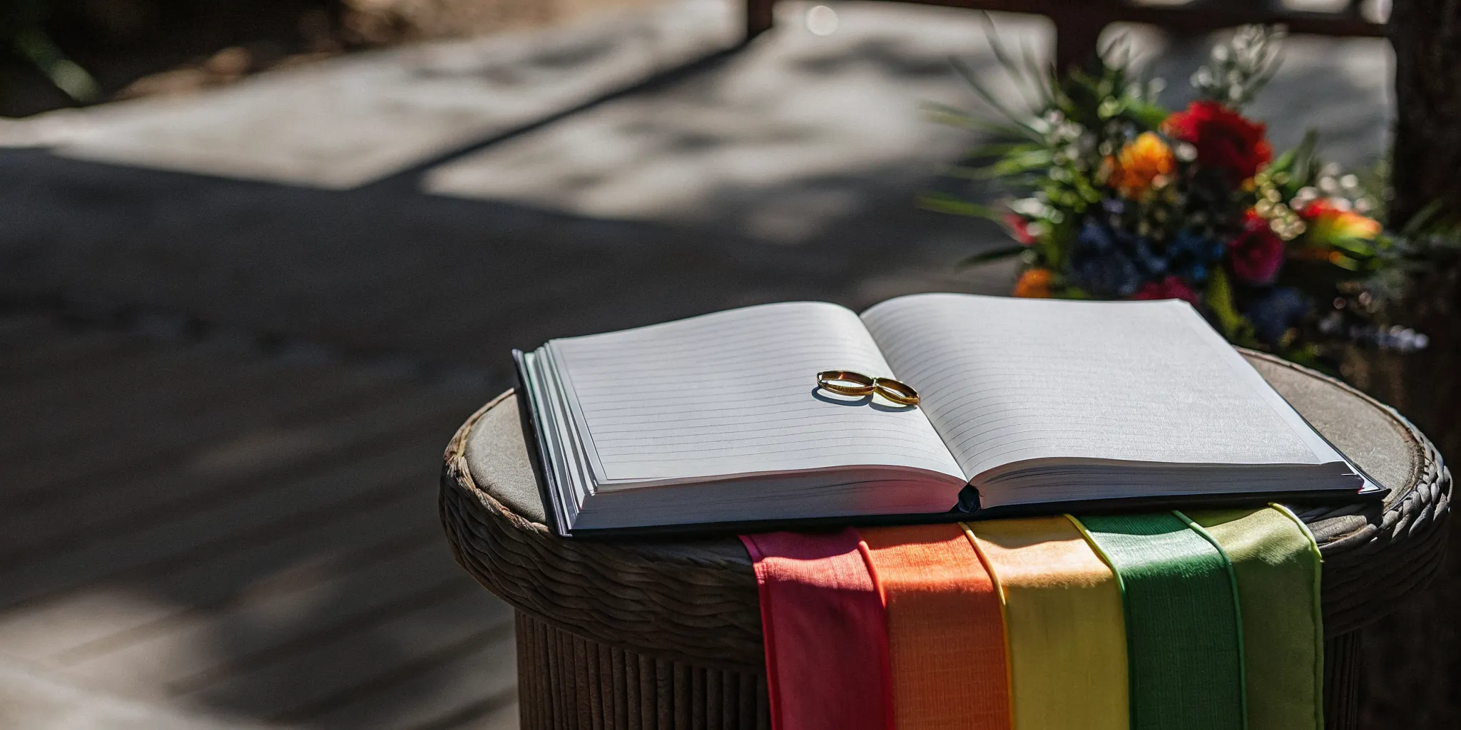 An open LGBTQ+ wedding ceremony script with two gold rings resting on a rainbow cloth.