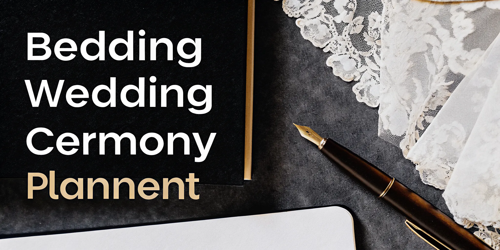 Writing a wedding ceremony script in a notebook with a pen and lace details.