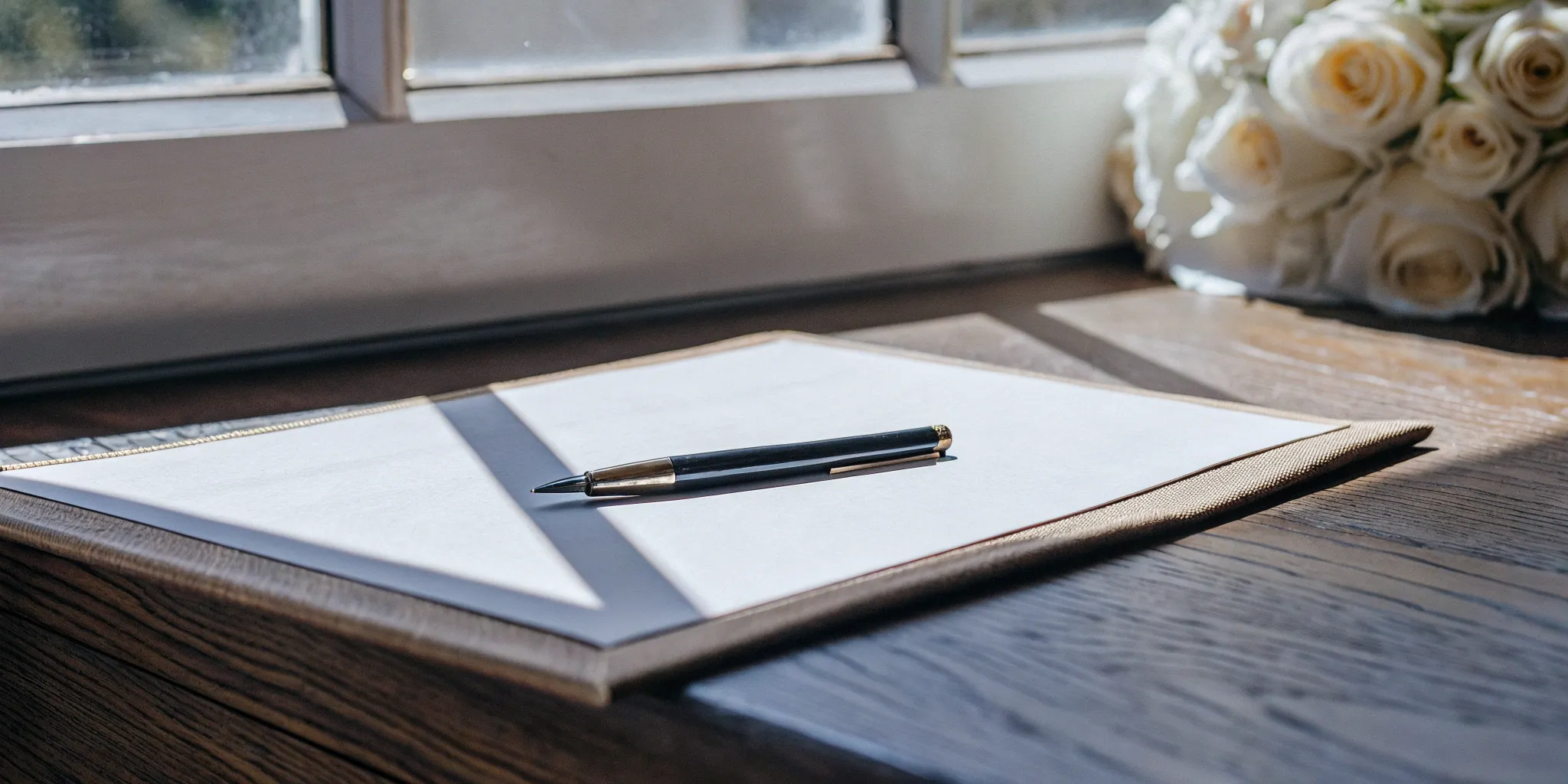 A wedding officiant contract template on a table with a pen and a wedding bouquet.