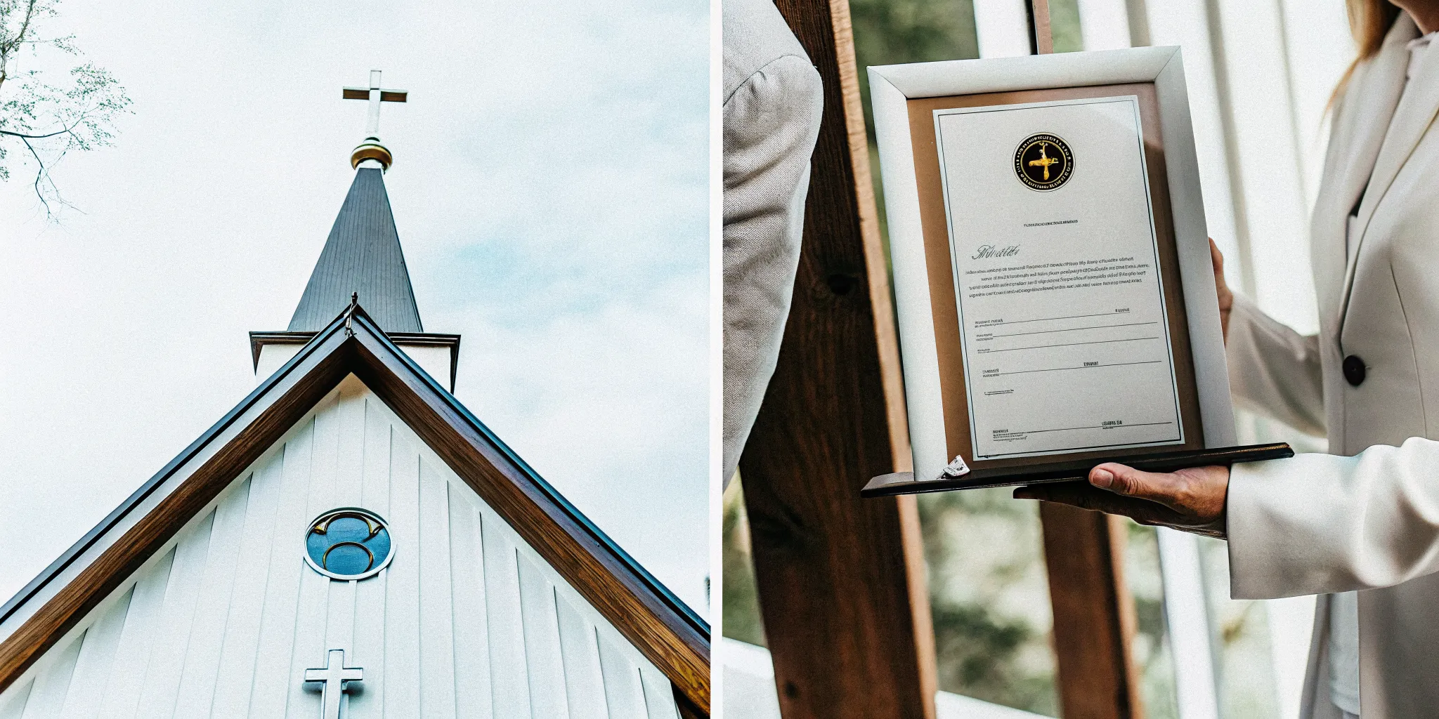 A person holds a downloadable ordination certificate for legal ceremonies in front of a church.