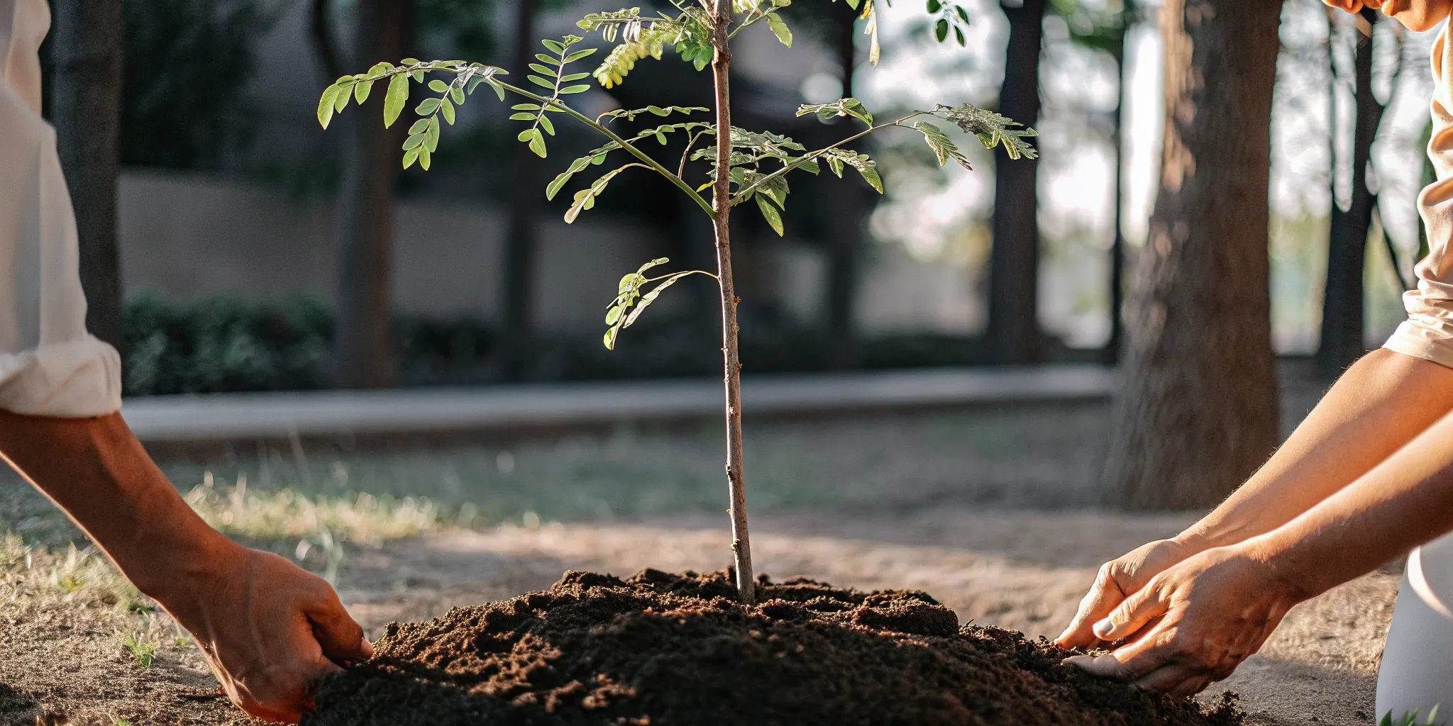 A young tree being planted during a symbolic tree planting ceremony.